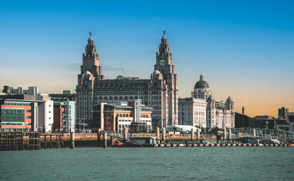 Liverpool waterfront with the Royal Liver Building and the Three Graces